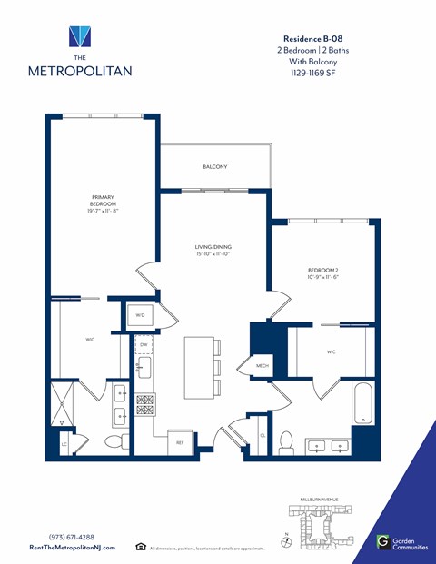 Floor plan for 2 beds, 2 baths, 1169 sqft